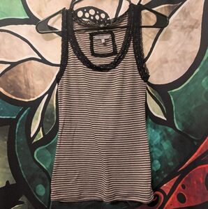 Etam Lace Trimmed Fitted Tank Top, Black and Tan Striped Tank